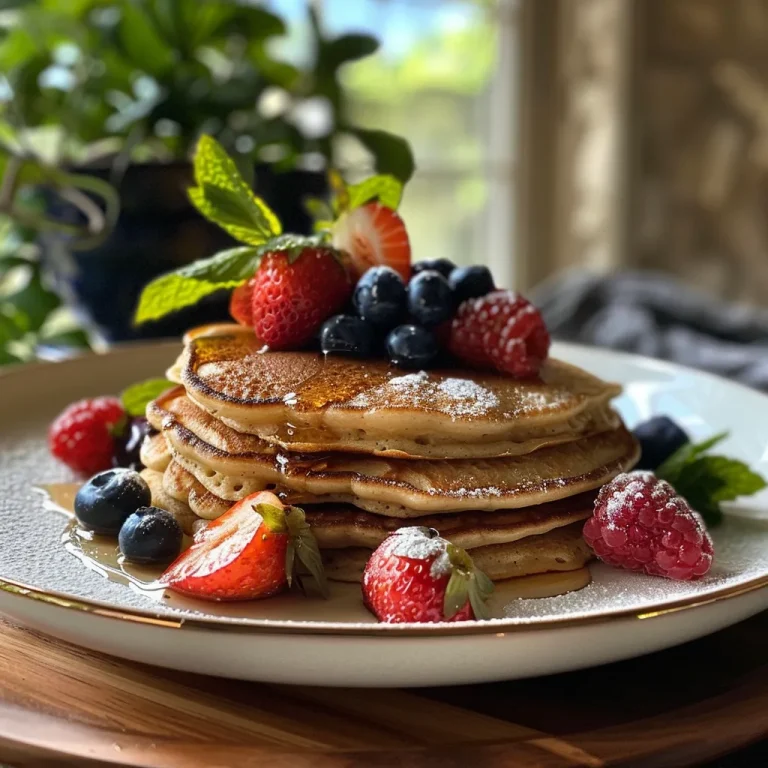 Close-up image of stacked high-protein cottage cheese pancakes topped with fresh berries.