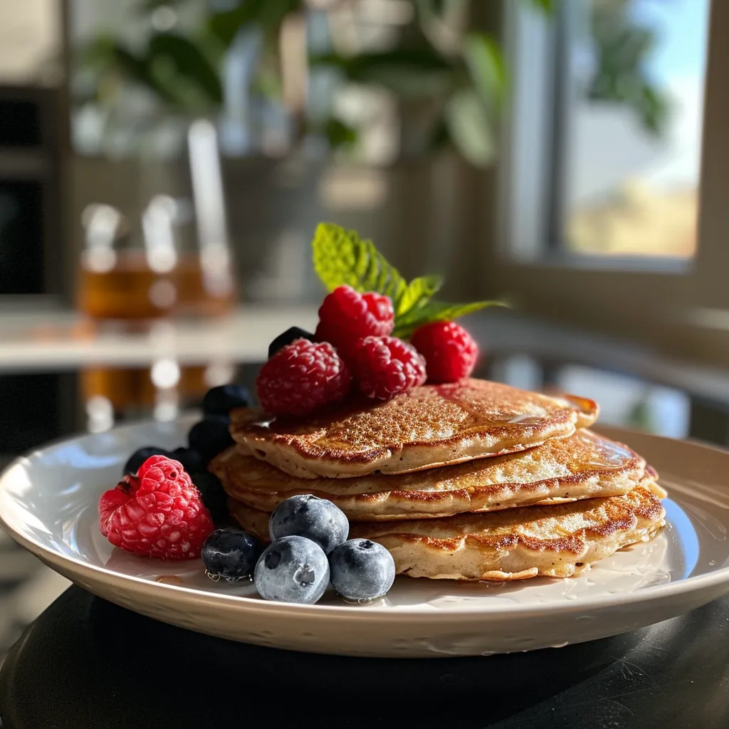 Side view of golden-brown cottage cheese pancakes garnished with raspberries and blueberries.