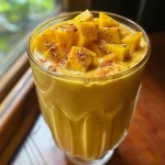 Close-up of a creamy mango coconut smoothie in a glass with a straw, garnished with shredded coconut.