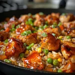 Close-up of a skillet filled with Honey BBQ Chicken and rice, featuring colorful mixed vegetables.