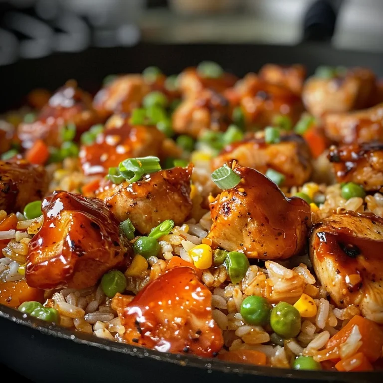 One-Pan Wonder: Honey BBQ Chicken and Rice Skillet That Delivers Big Flavor with Minimal Fuss Close-up of a skillet filled with Honey BBQ Chicken and rice, featuring colorful mixed vegetables.