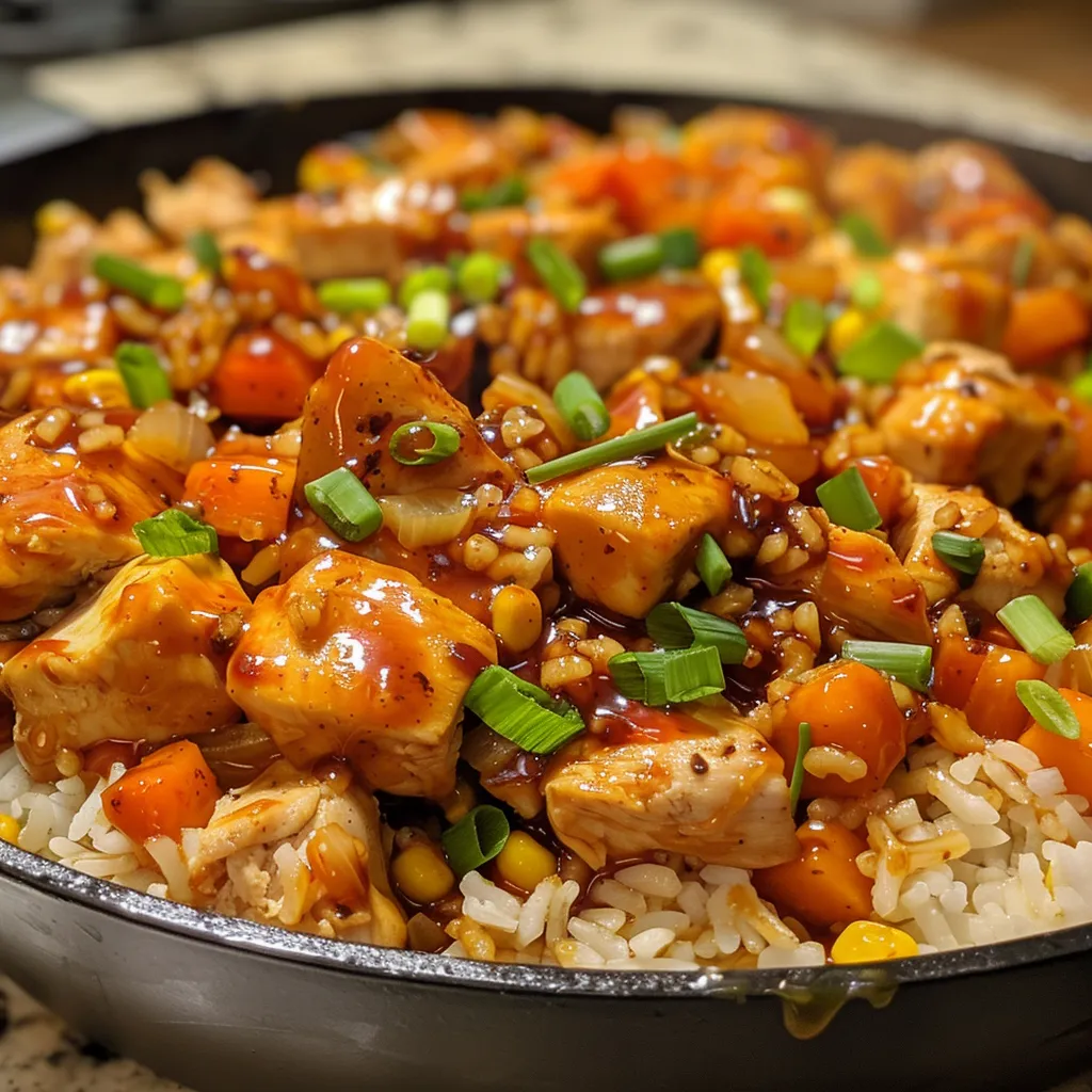 Side view of a Honey BBQ Chicken and Rice Skillet, showcasing juicy chicken pieces and vibrant vegetables.