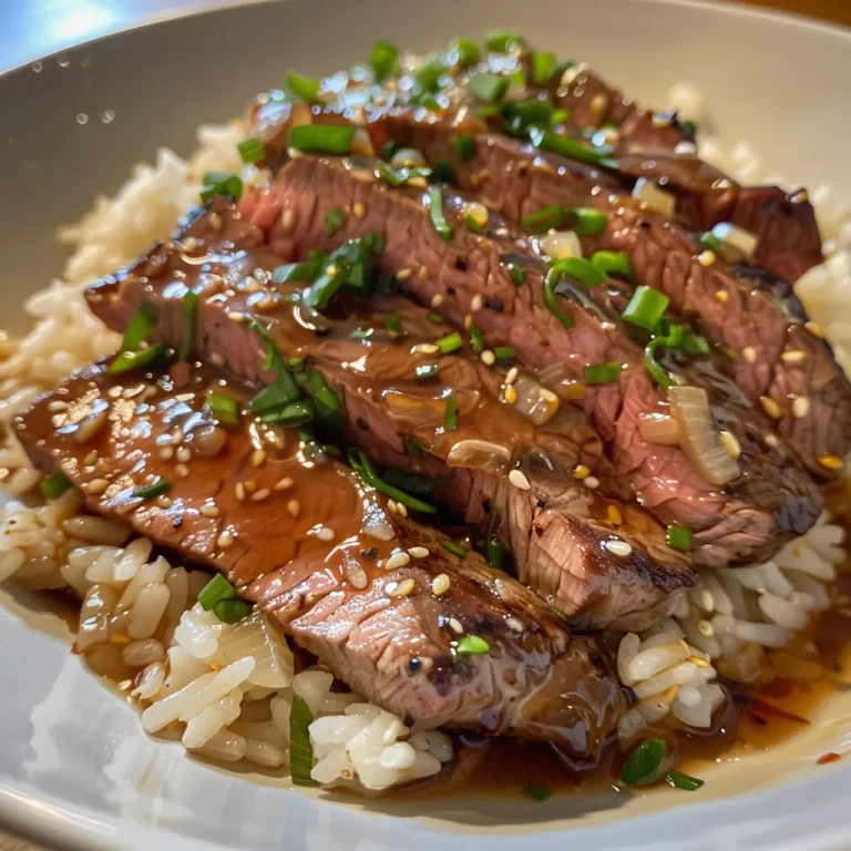 Close-up of a skillet filled with honey garlic butter steak and rice, garnished with minced garlic.