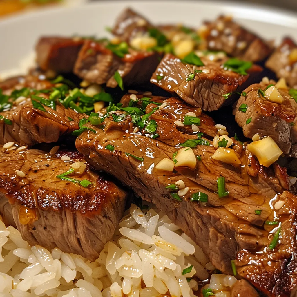 Side view of juicy steak strips mixed with rice in a skillet, glistening with honey garlic sauce.