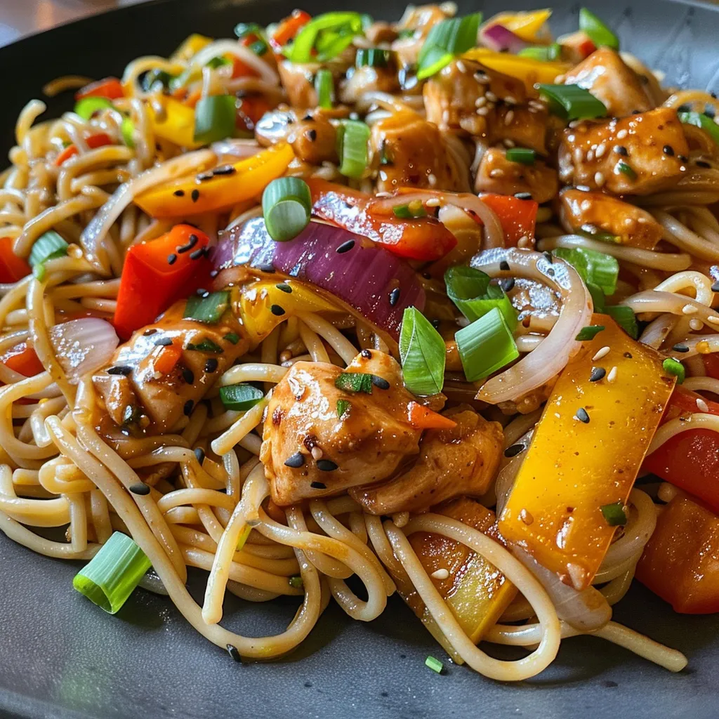 Close-up of stir-fried noodles topped with chicken and fresh herbs.