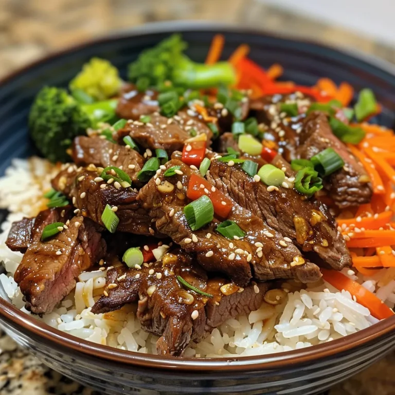 Close-up view of a honey soy beef rice bowl with vibrant vegetables and rice.