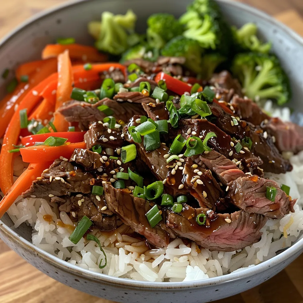 Side angle of a colorful beef rice bowl featuring broccoli, bell peppers, and carrots.