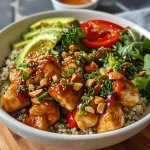 Close-up view of a colorful Hot Honey Chicken Bowl with vibrant vegetables and grains.