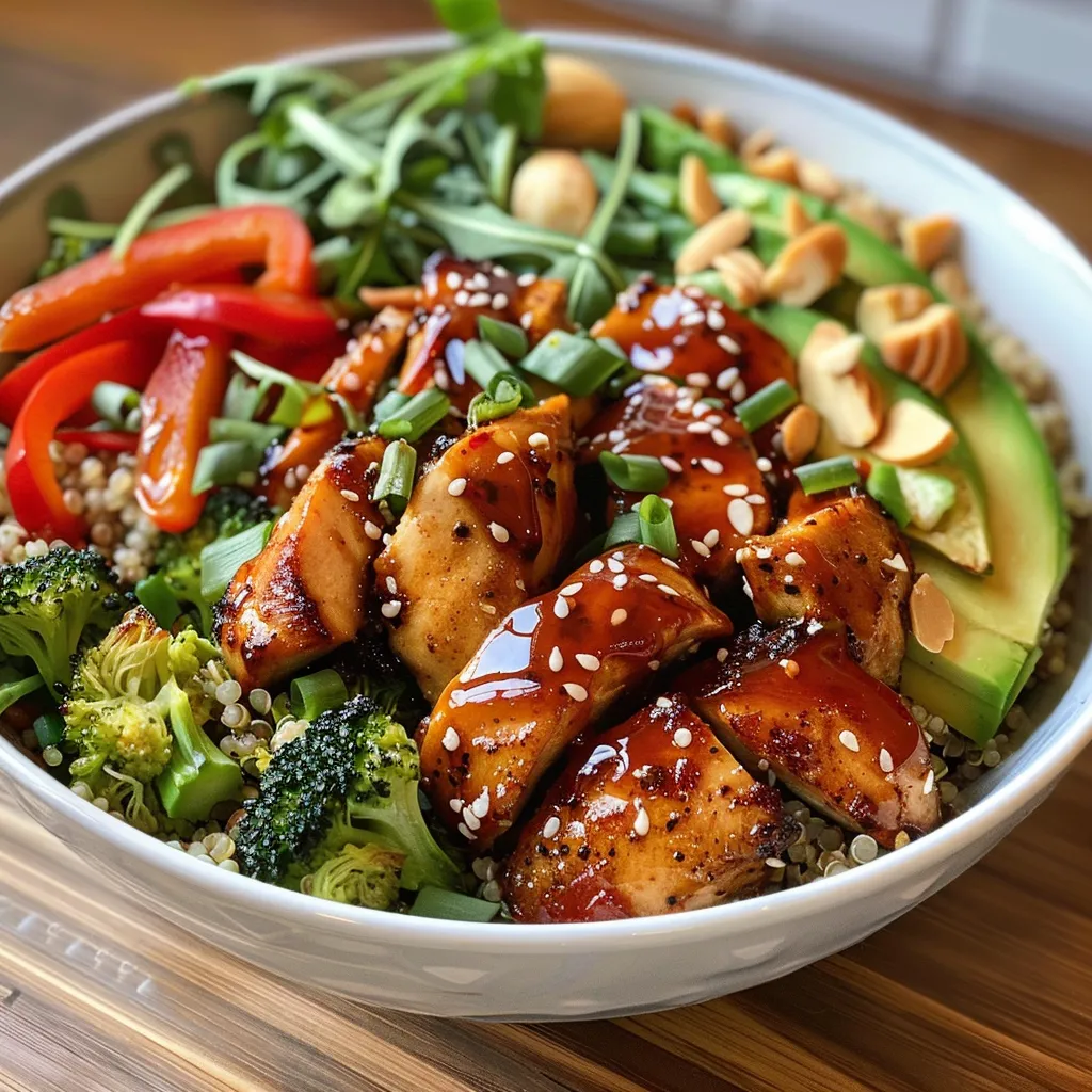 Side view of a delicious Hot Honey Chicken Bowl, featuring chicken, quinoa, and fresh greens.