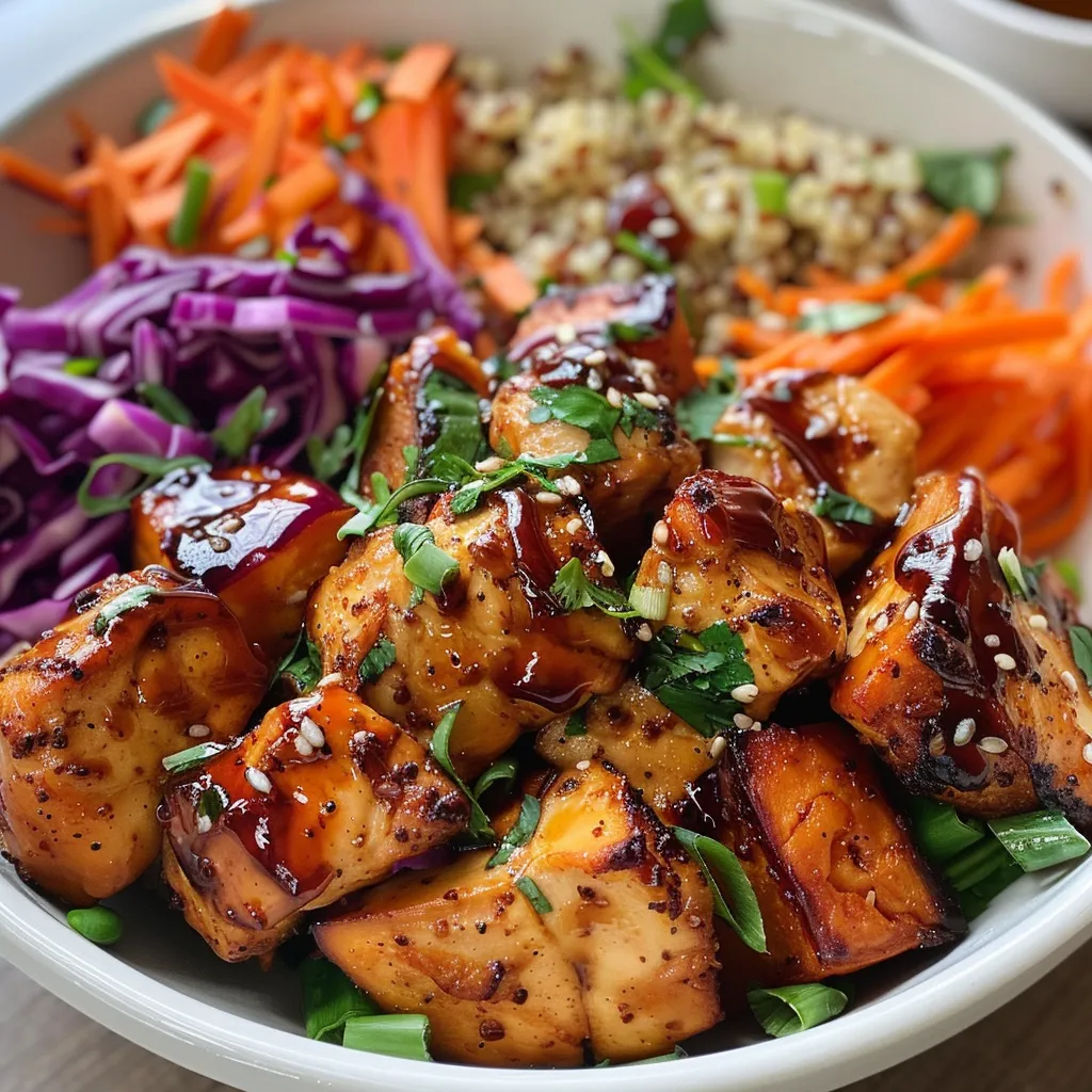 Side view of a Hot Honey Chicken Bowl filled with quinoa, chicken, sweet potatoes, and cabbage.