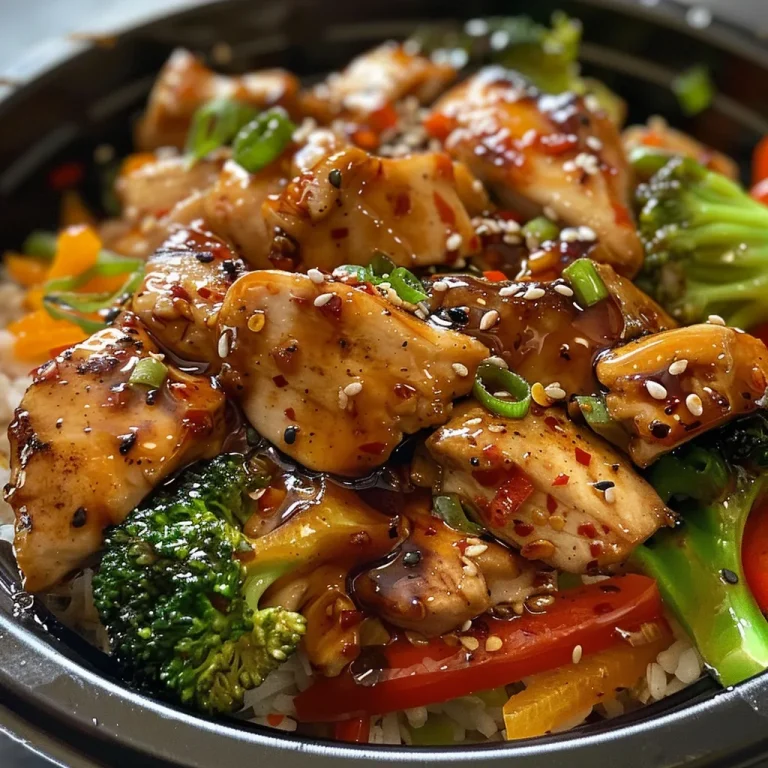 Close-up view of Hot Honey Chicken Bowl with vibrant vegetables and rice.