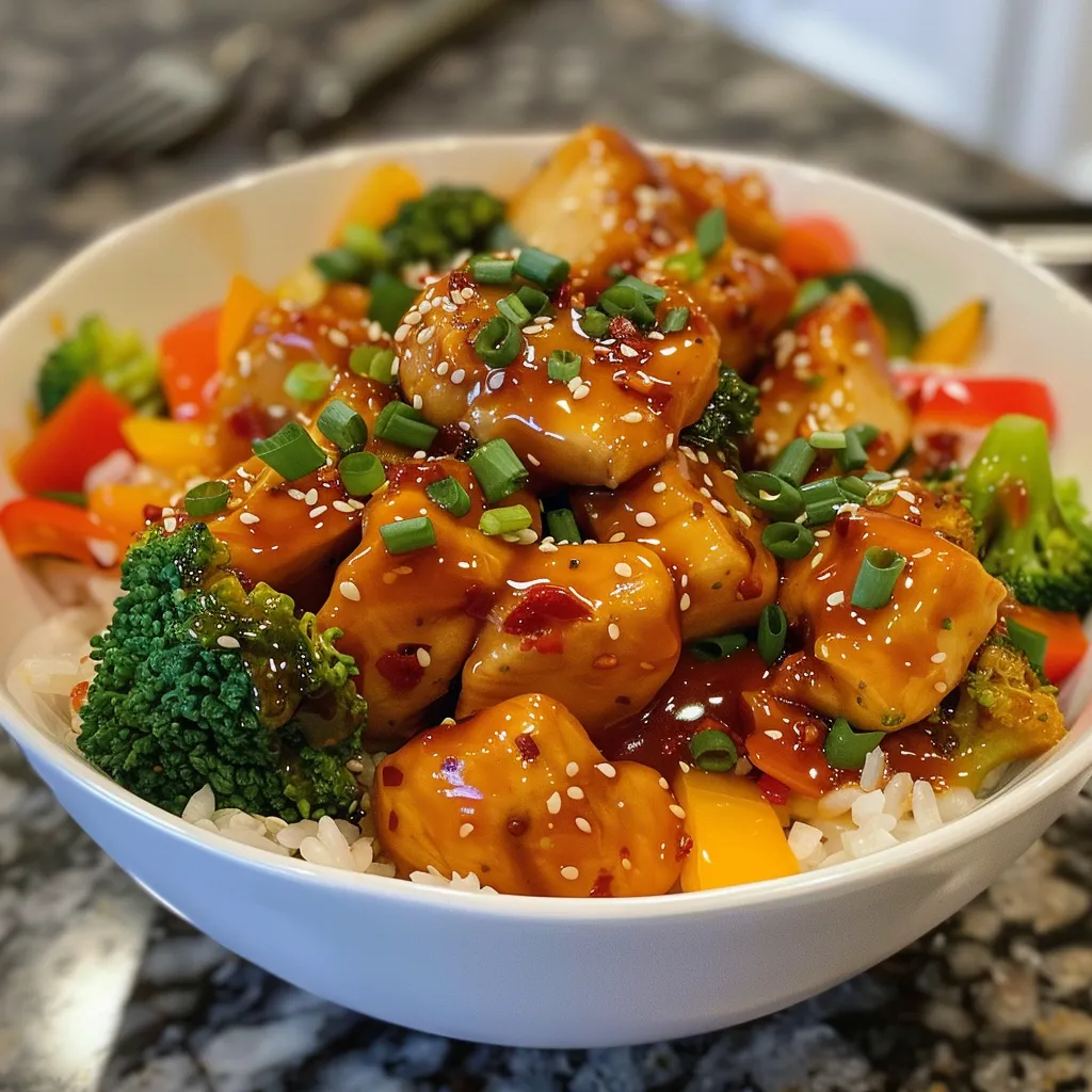 Juicy Hot Honey Chicken Bowl featuring chicken, mixed vegetables, and soy sauce.