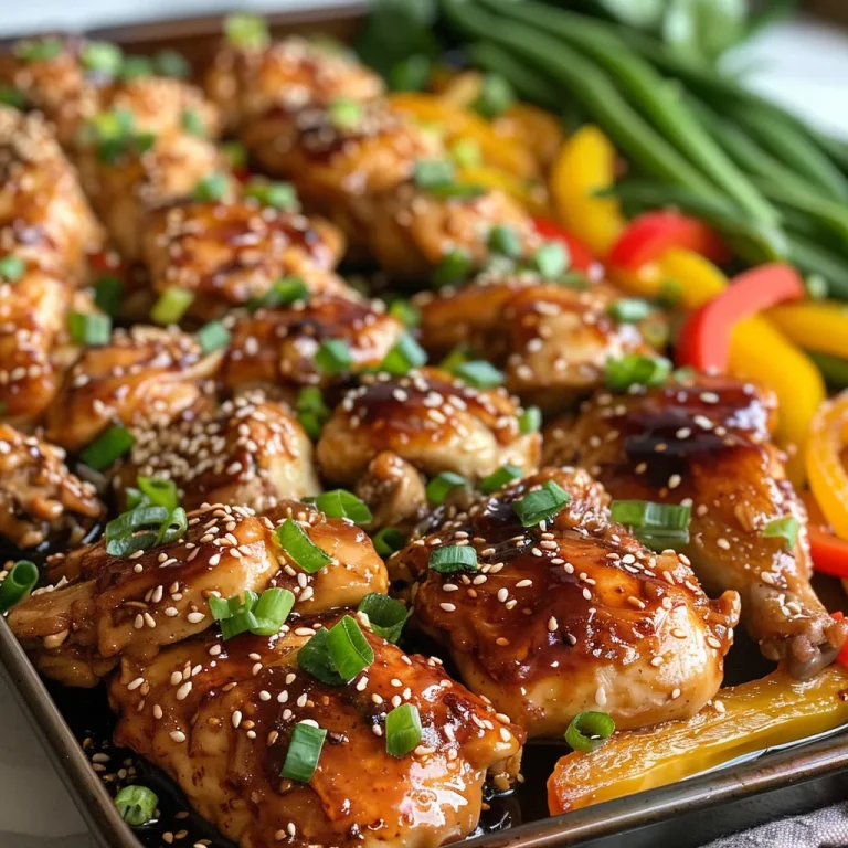 Close-up view of a juicy Hot Honey Chicken Sheet Pan Dinner with colorful vegetables.