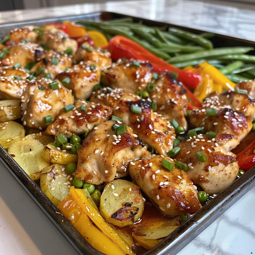 Side view of roasted chicken chunks glazed with honey, surrounded by vibrant bell peppers and snap peas.