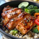 A close-up side view of a vibrant Hot Honey Crispy Salmon Bowl with salmon, rice, and vegetables.