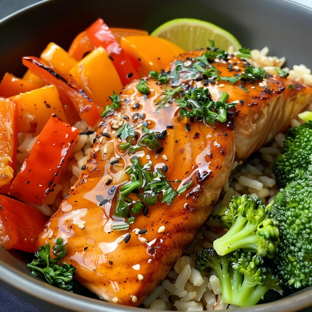 A detailed angle of a delicious meal featuring crispy salmon, brown rice, and colorful bell peppers and broccoli.