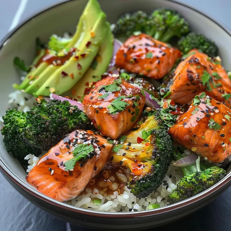 Savor the Simplicity: Hot Honey Salmon Rice Bowls That Wow Close-up of a hot honey salmon rice bowl with roasted broccoli and avocado salsa.