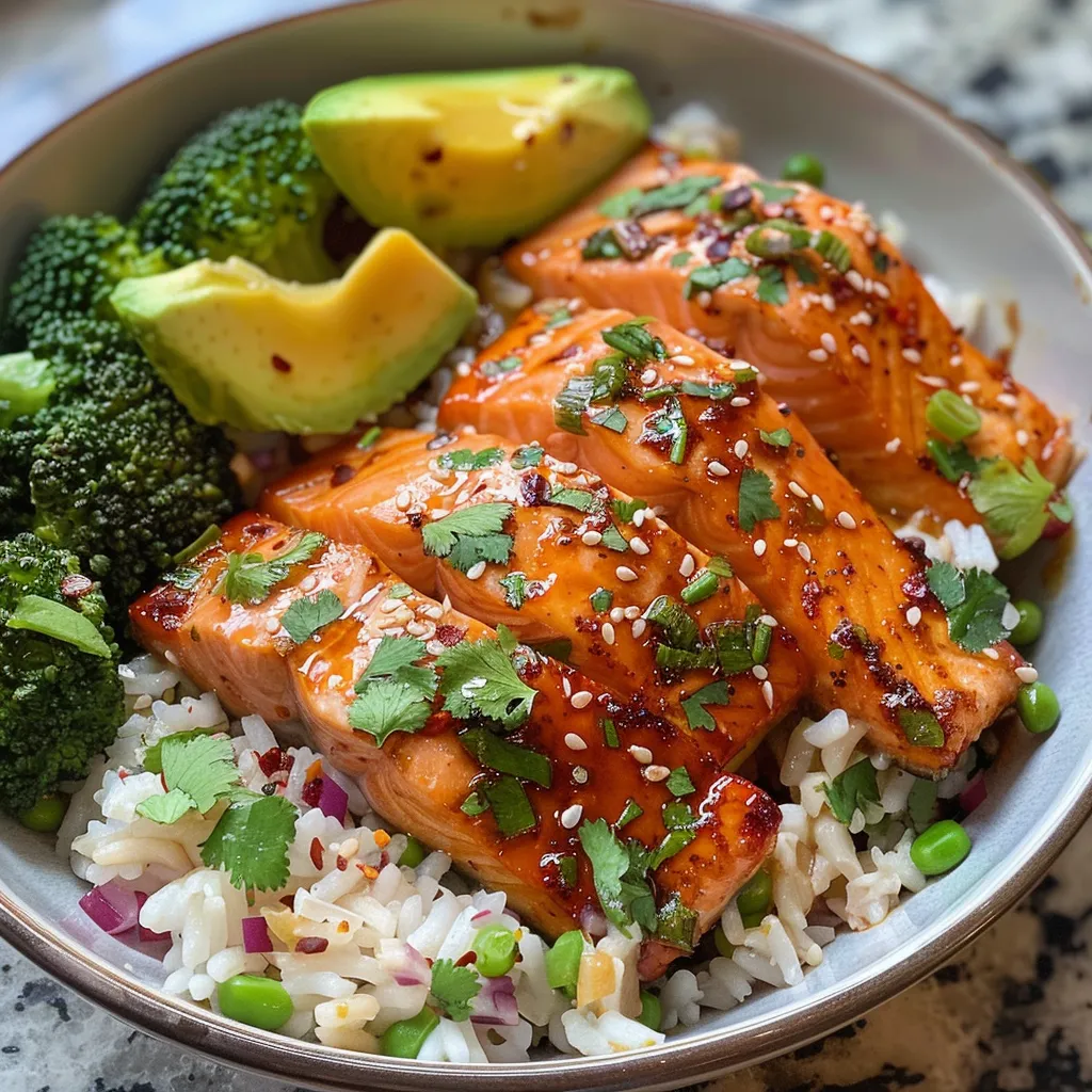 Side view of a colorful rice bowl featuring salmon topped with honey, broccoli, and avocado.
