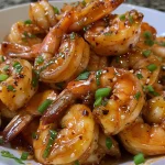 Close-up view of juicy Hot Honey Shrimp served with garnish.