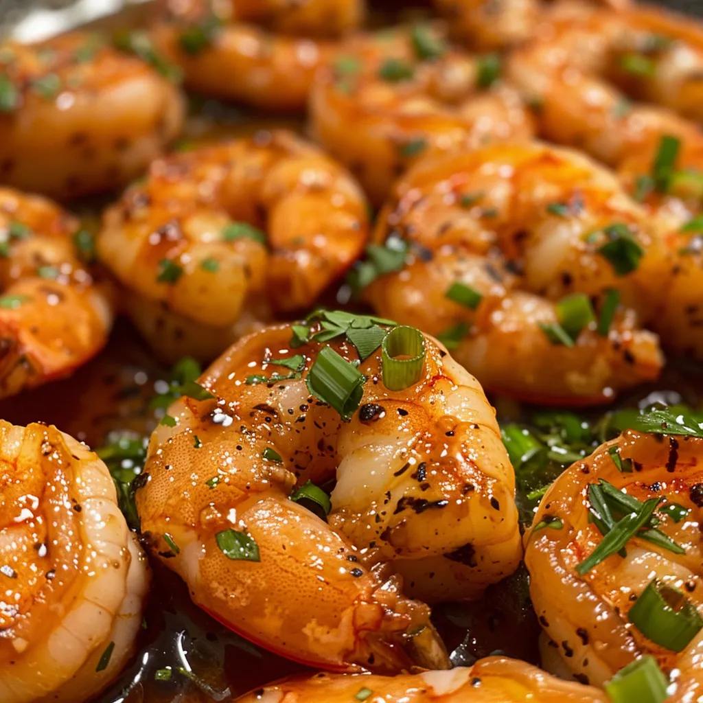 Side view of cooked shrimp drizzled with hot honey and garnished.