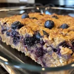 Close-up shot of Lemon Blueberry Baked Oatmeal with blueberries on top.