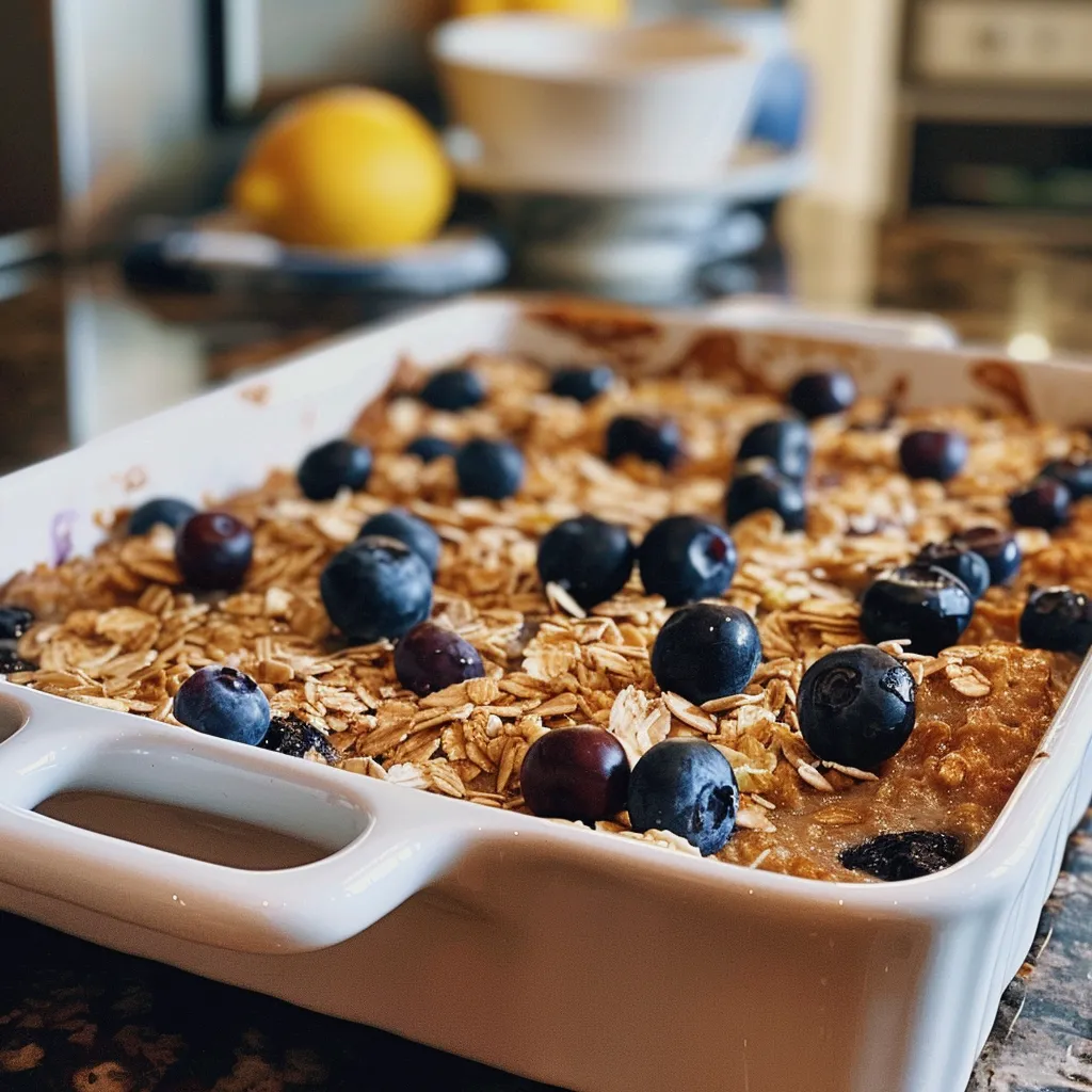 A side view of baked oatmeal showcasing blueberries and lemon zest.