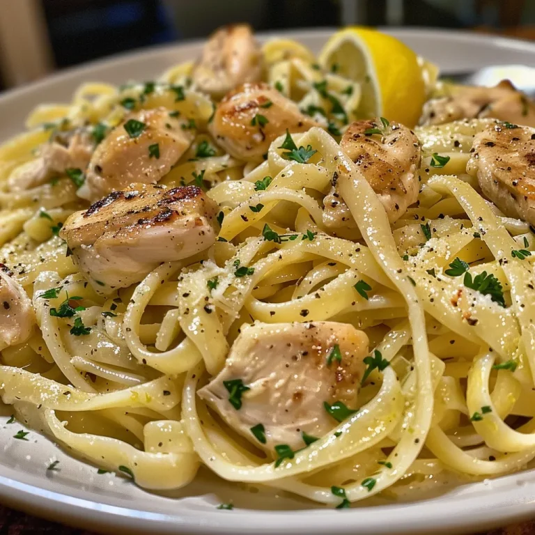 Close-up view of a plate of Lemon Butter Garlic Chicken Pasta featuring juicy chicken and fettuccine.