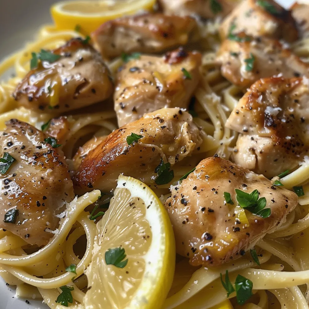 Side view of Lemon Butter Garlic Chicken Pasta garnished with parsley in a bowl.