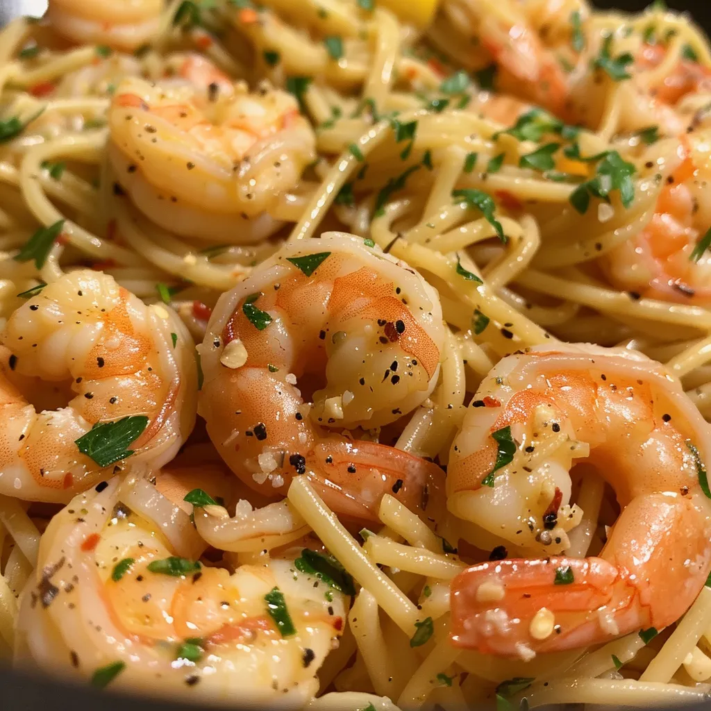 A side view of a bowl of Lemon Butter Garlic Shrimp Pasta, showcasing shrimp and lemon slices.