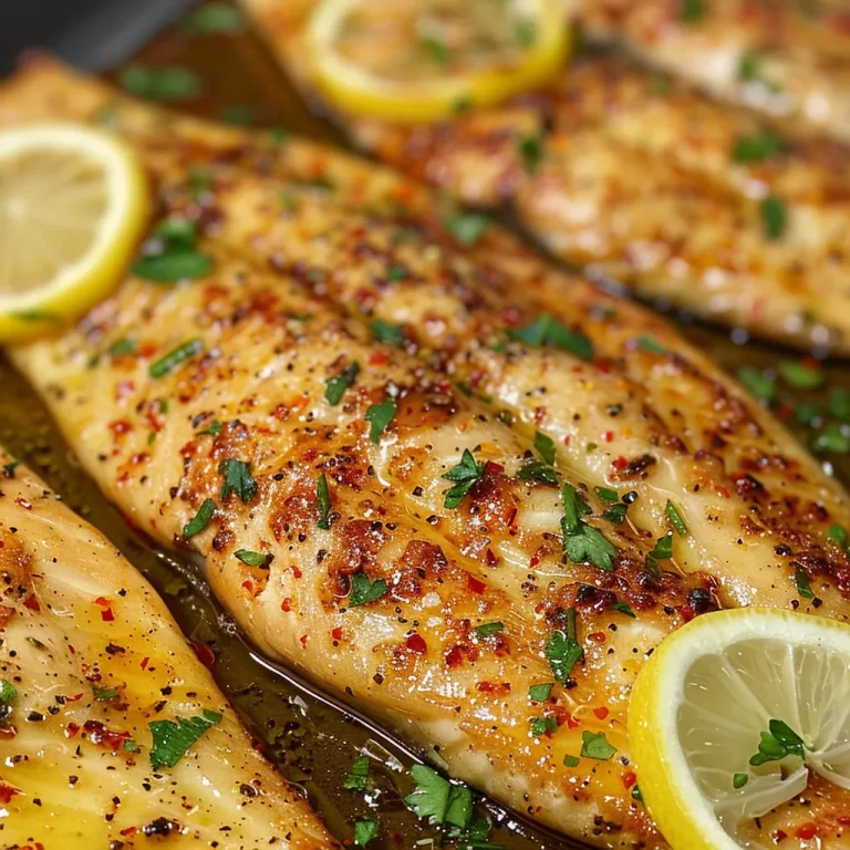 Side view of a juicy baked tilapia fillet topped with lemon slices and parsley.