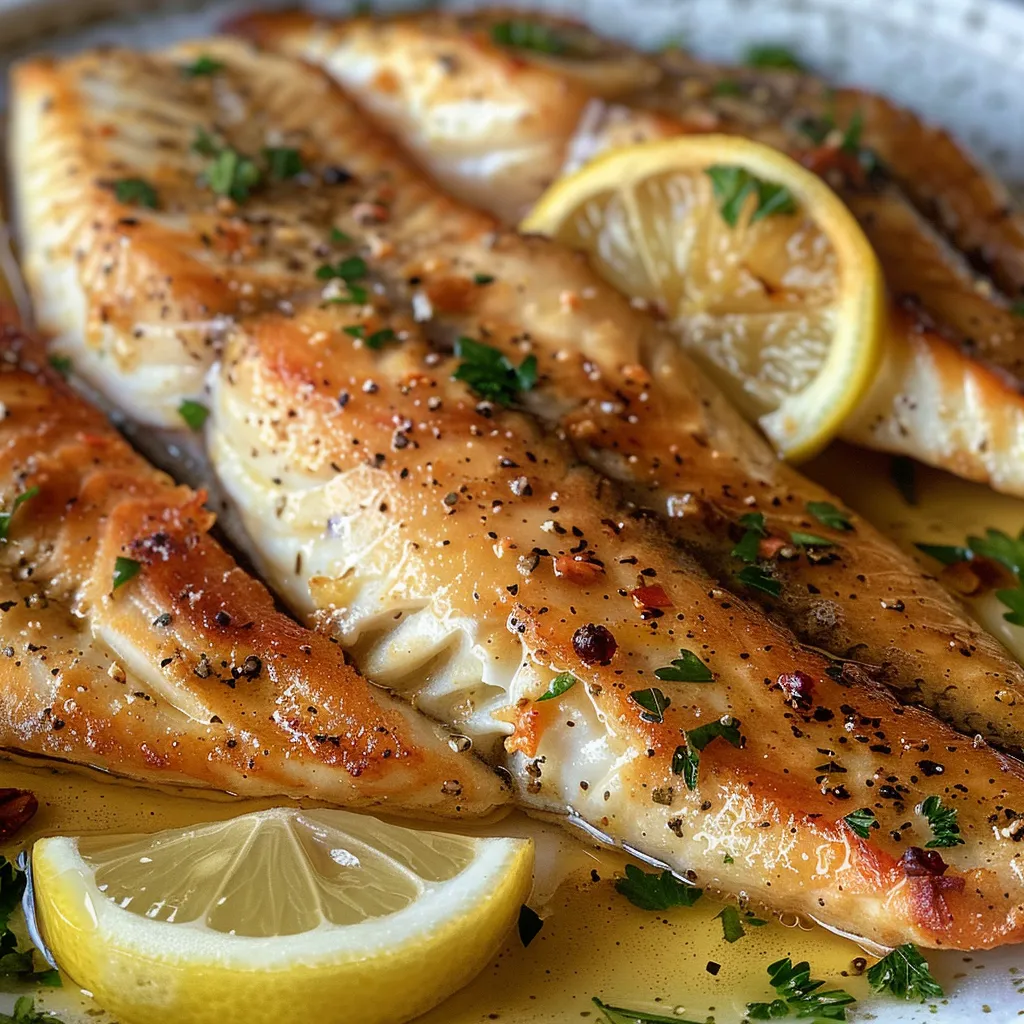 Side view of a juicy tilapia fillet drizzled with melted butter and garlic.