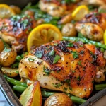 Close-up view of a plate with Lemon Garlic Chicken and vegetables.