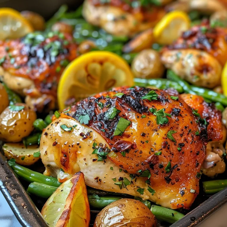 Brighten Your Dinner Table: One-Pan Lemon Garlic Chicken with Veggies Close-up view of a plate with Lemon Garlic Chicken and vegetables.