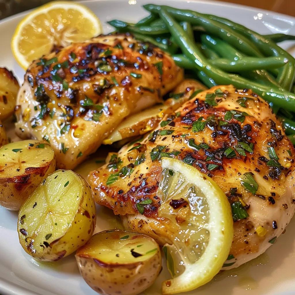Juicy Lemon Garlic Chicken served with baby potatoes and green beans.