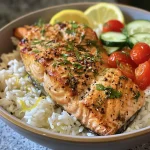 Close-up view of a Lemon Garlic Salmon Rice Bowl featuring salmon fillets, jasmine rice, and fresh vegetables.