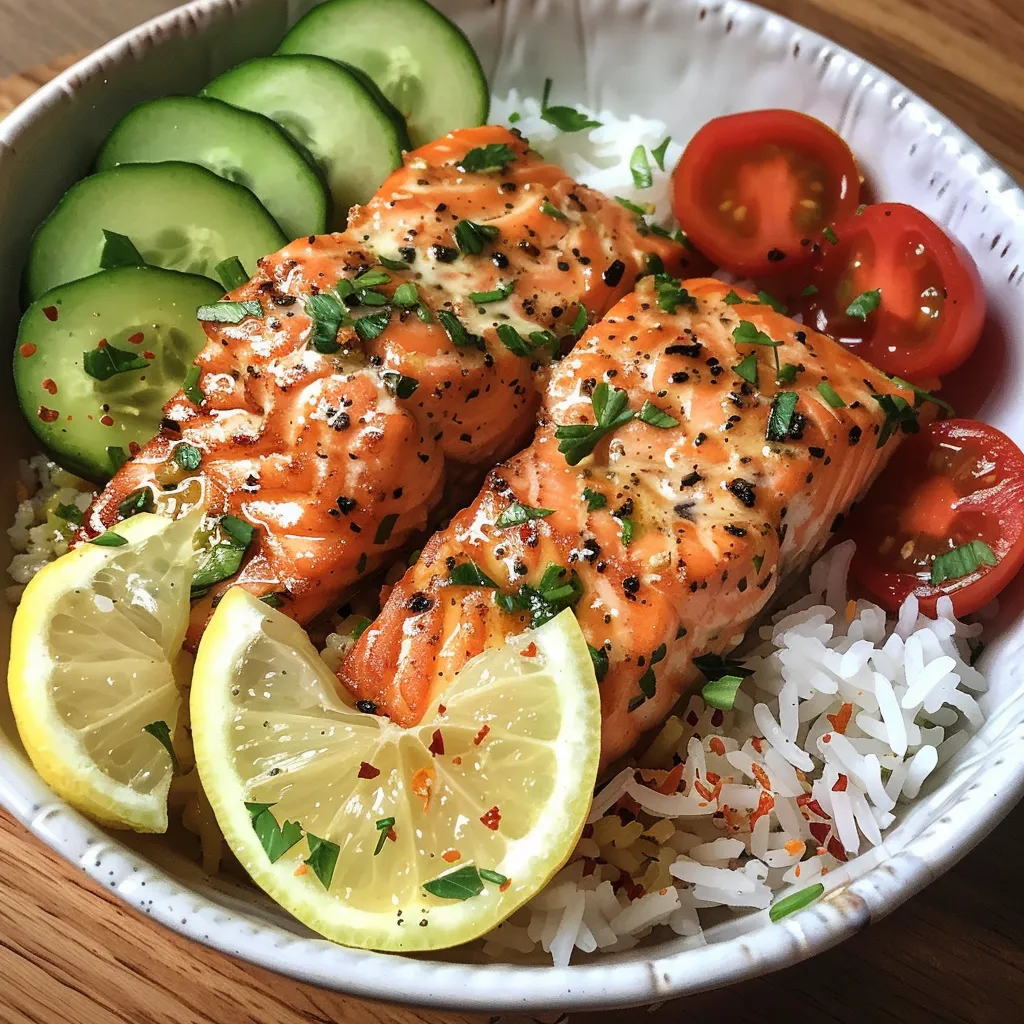 A vibrant salmon rice bowl topped with creamy herb sauce, fresh cucumber, and cherry tomatoes.