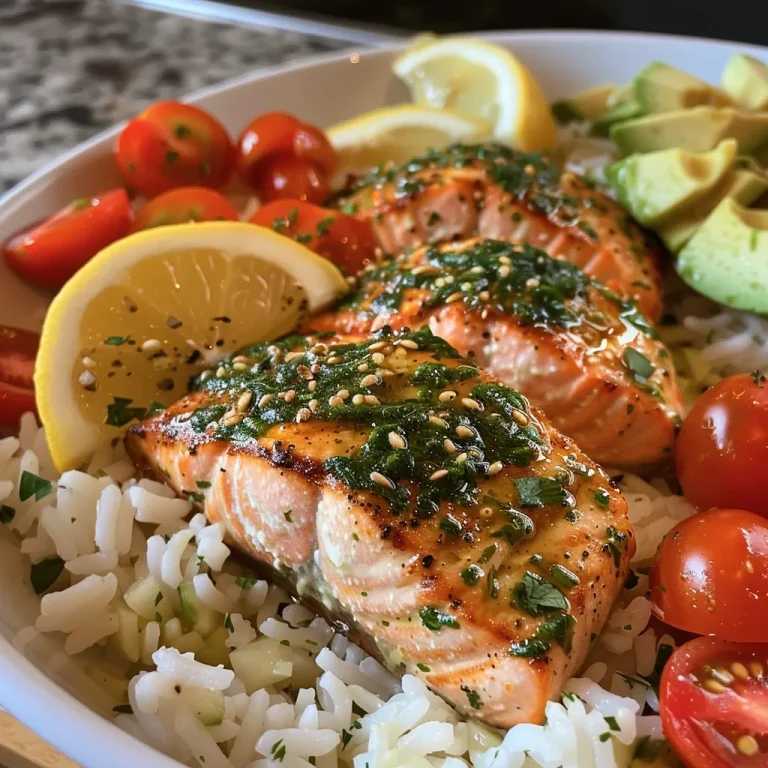Close-up of a lemon herb salmon rice bowl with cherry tomatoes and avocado, drizzled with garlic butter sauce.