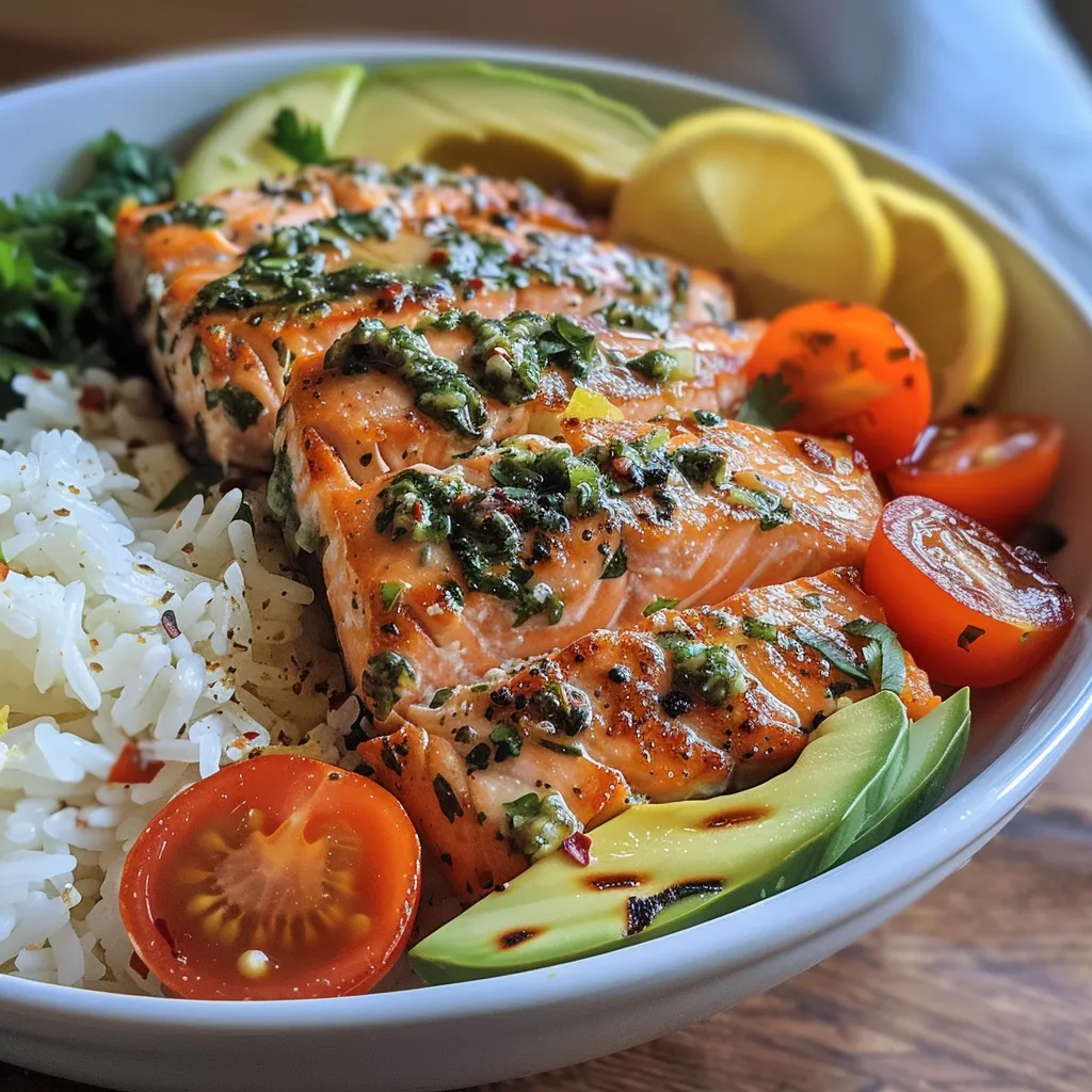 Juicy salmon fillet on rice with diced cucumber and fresh herbs, topped with garlic butter.