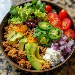 A close-up view of a colorful Low Carb Burrito Bowl filled with ground chicken, avocado, and fresh vegetables.