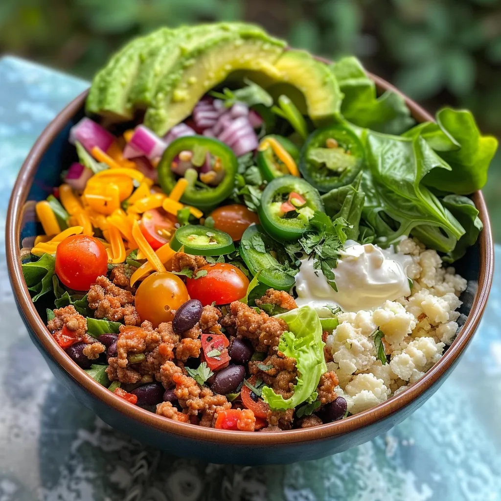 A delicious Low Carb Burrito Bowl featuring vibrant ingredients like cauliflower rice, diced avocado, and cherry tomatoes.