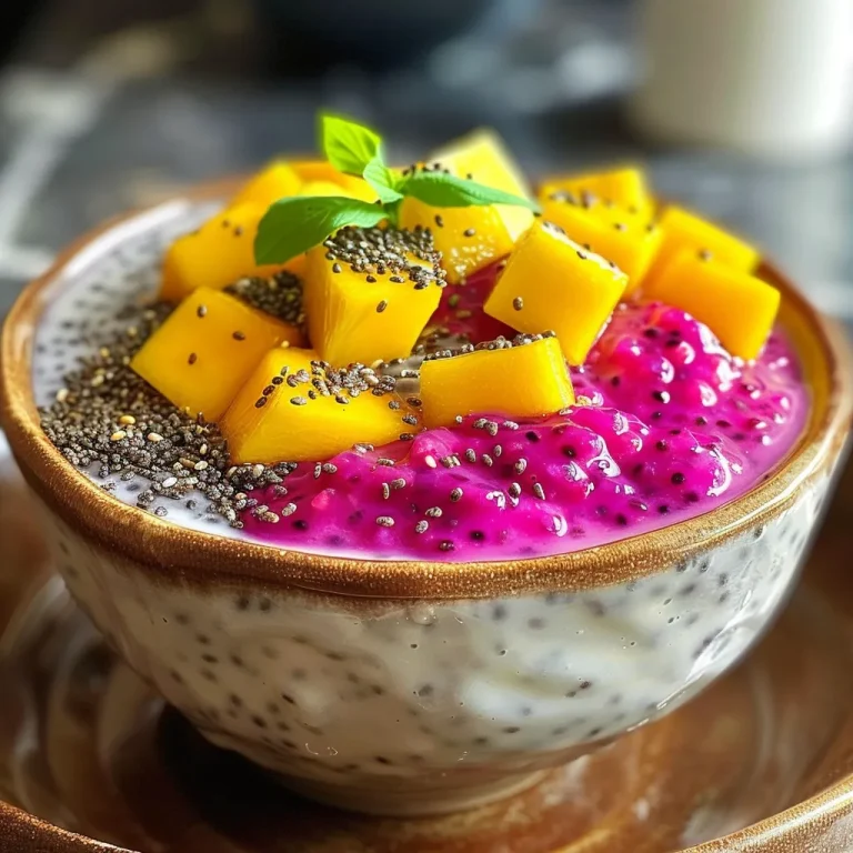 Delightfully Simple Mango and Dragon Fruit Chia Pudding A Tropical Escape in Every Spoonful Close-up view of Mango and Dragon Fruit Chia Pudding topped with fresh mint leaves.