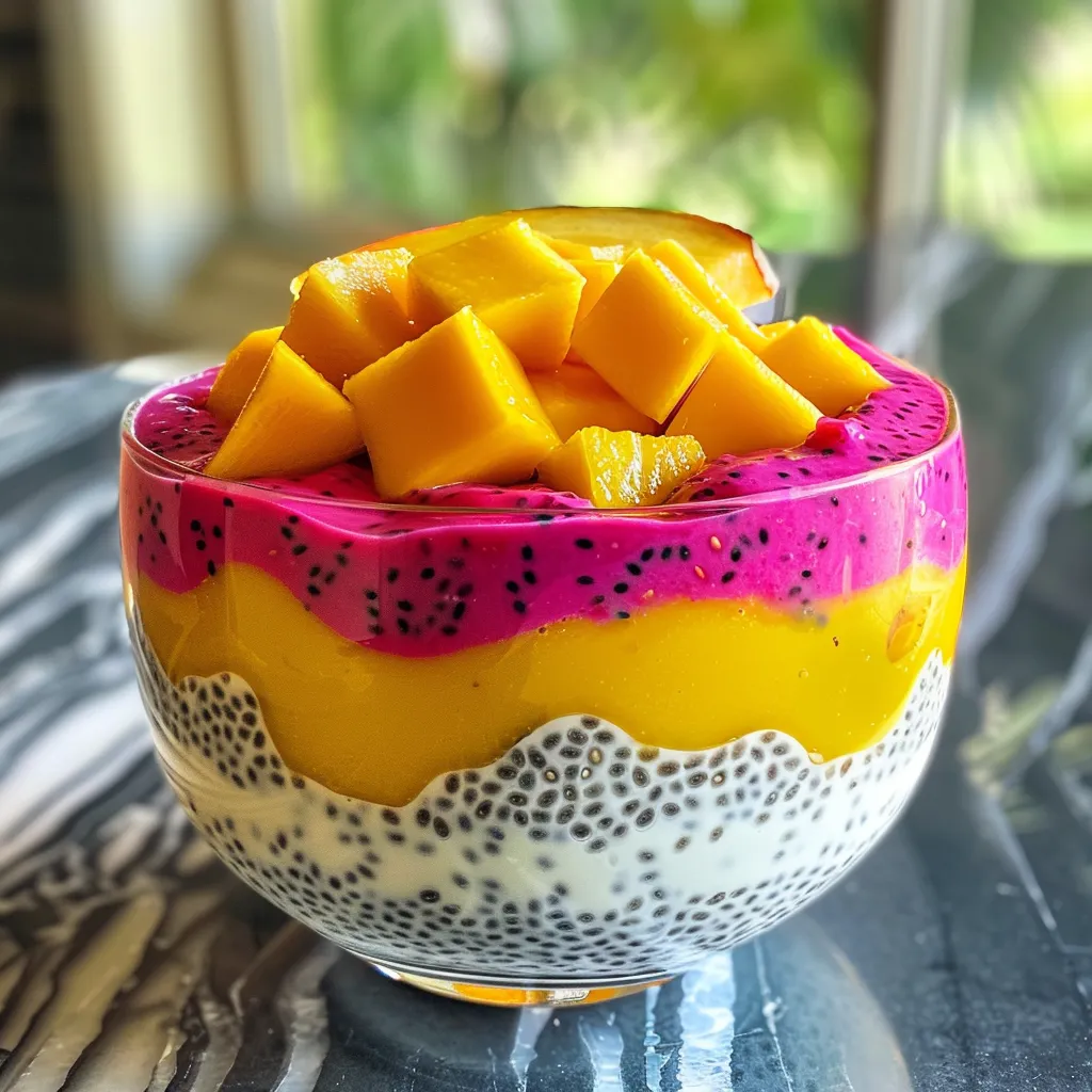 Layered chia pudding featuring vibrant mango and dragon fruit, topped with chopped mango.