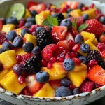 A vibrant mango berry fruit salad featuring colorful diced mangoes and fresh berries.
