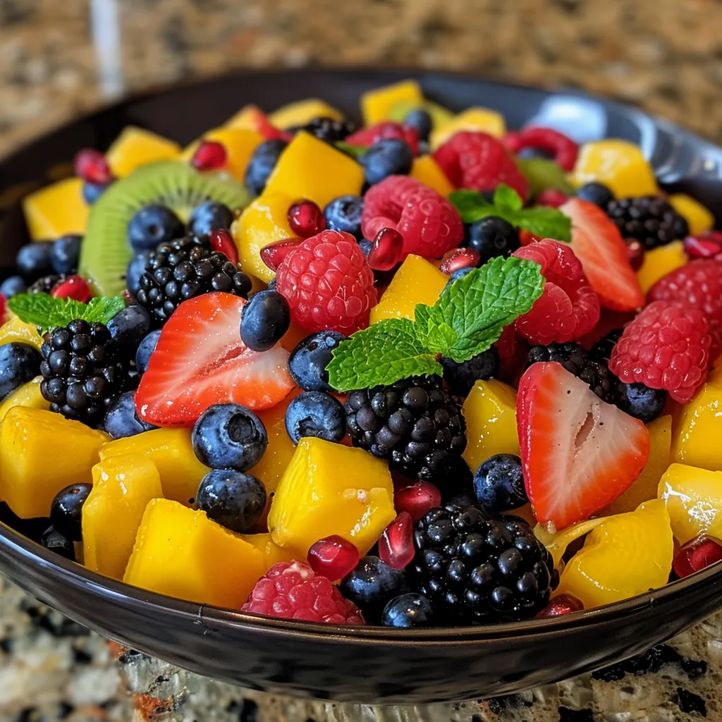 Close-up view of a fruit salad with ripe mango chunks and a mix of strawberries, blueberries, raspberries, and blackberries.