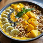 A close-up view of a mango coconut chia smoothie bowl, garnished with fresh fruit and coconut.