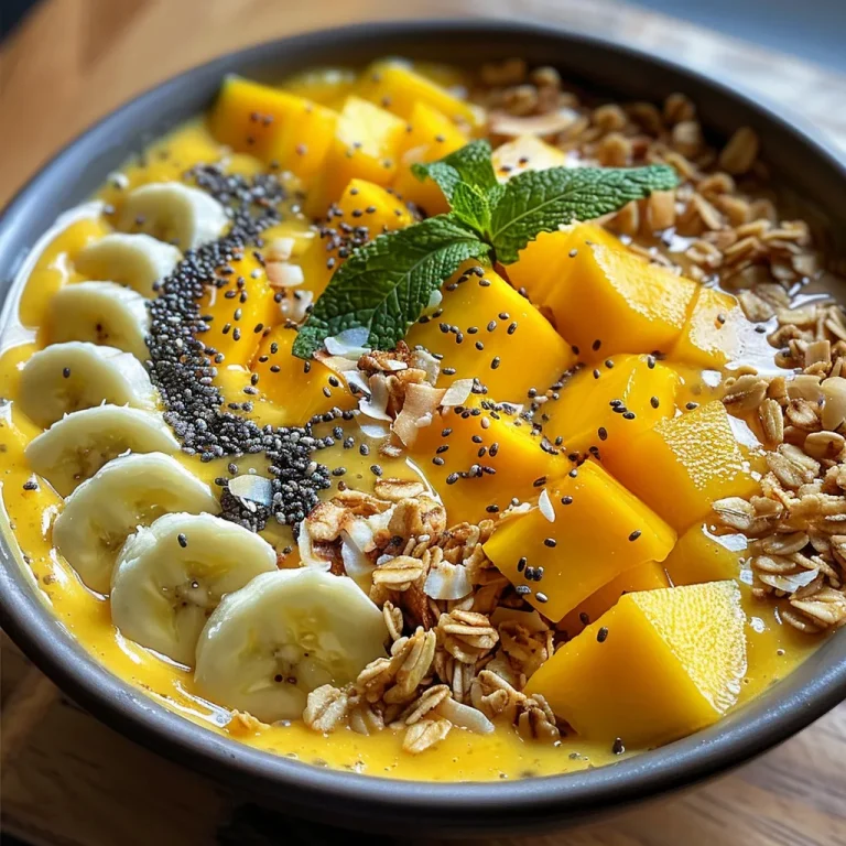 A close-up view of a mango coconut chia smoothie bowl, garnished with fresh fruit and coconut.