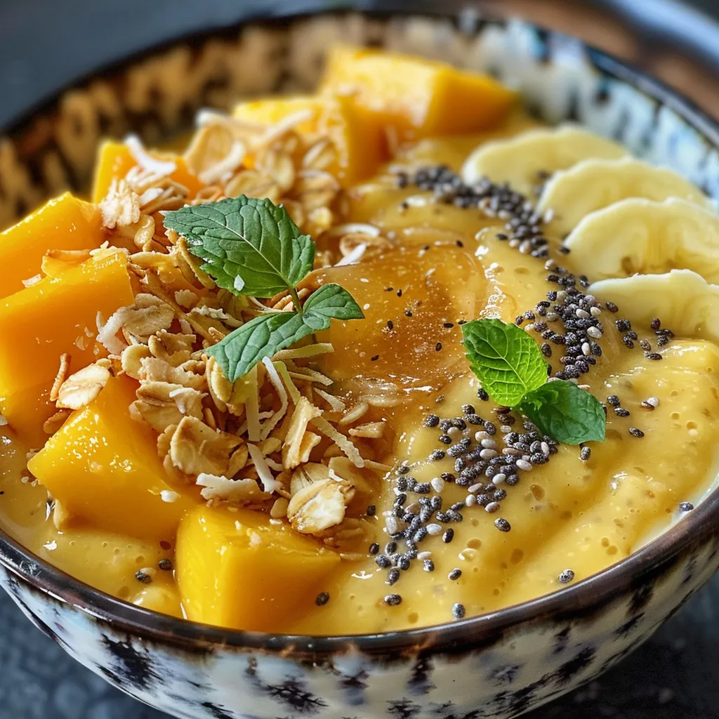A vibrant smoothie bowl featuring diced mango, sliced kiwi, and strawberries, topped with granola.