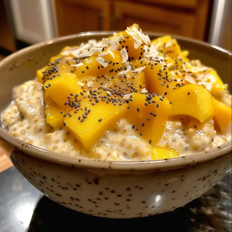Close-up view of Mango Coconut Overnight Oats in a glass bowl, featuring vibrant mango pieces and coconut flakes.