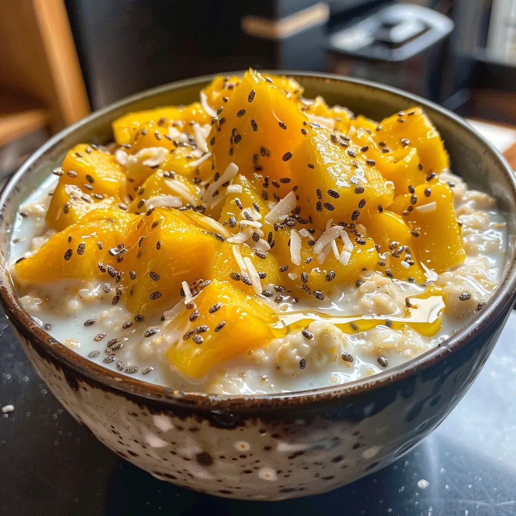 Side view of creamy mango coconut overnight oats topped with diced mango and sprinkled coconut.