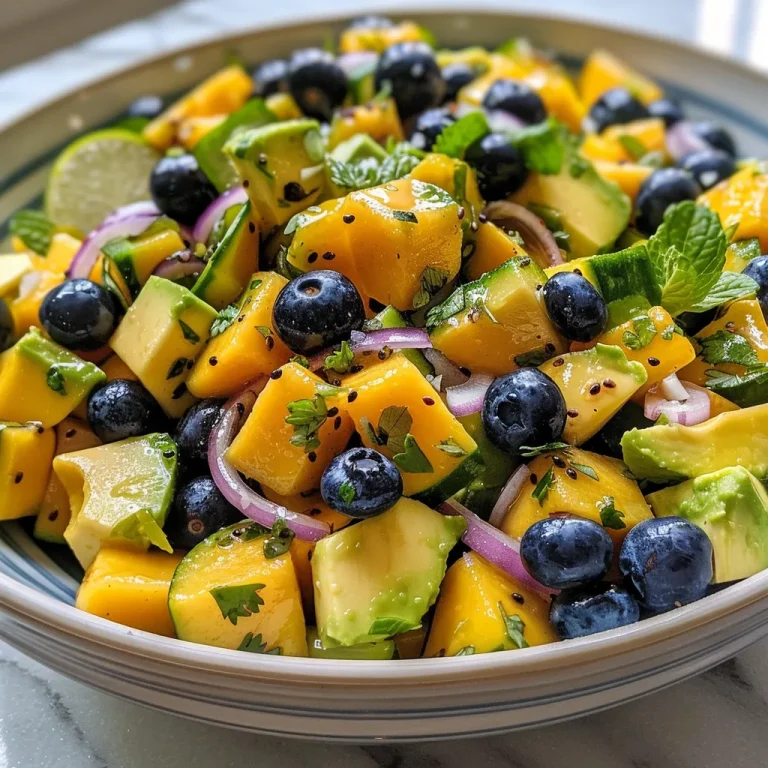 Close-up of a vibrant mango cucumber salad with blueberries and avocado.